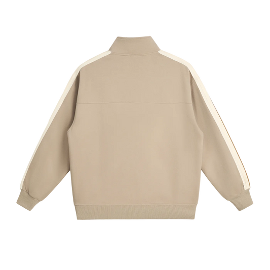 Beige track jacket with white stripes on sleeves and high collar