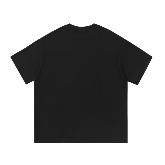 Black oversized t-shirt back view, plain design, casual streetwear style
