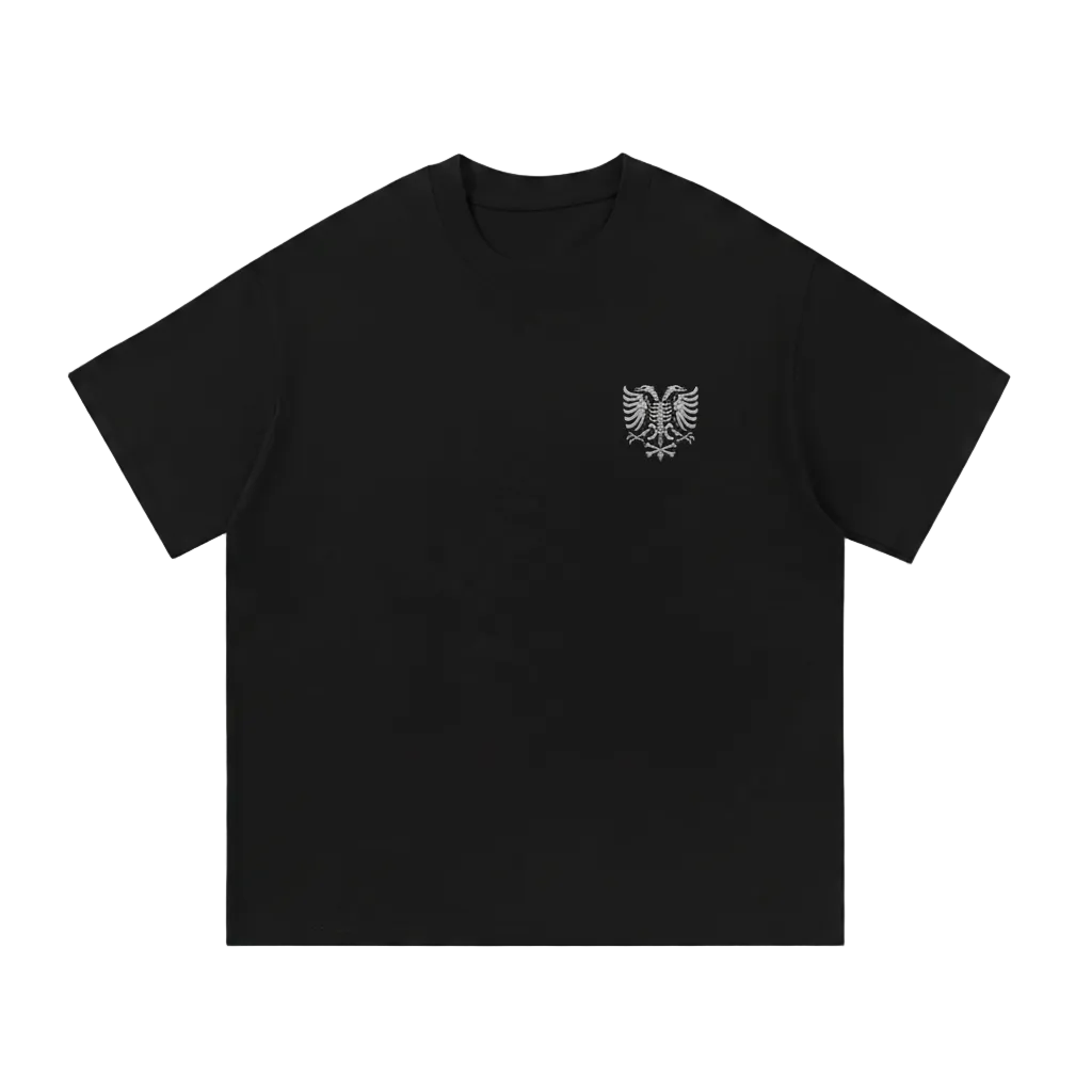 Black t-shirt with white eagle skeleton graphic on chest, bold streetwear design