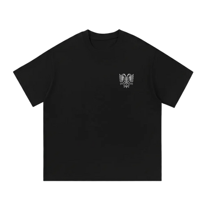 Black t-shirt with white eagle skeleton graphic on chest, bold streetwear design