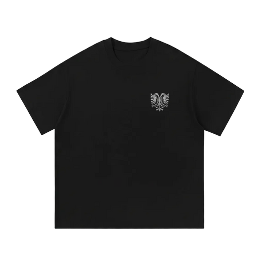 Black t-shirt with white eagle skeleton graphic on chest, bold streetwear design