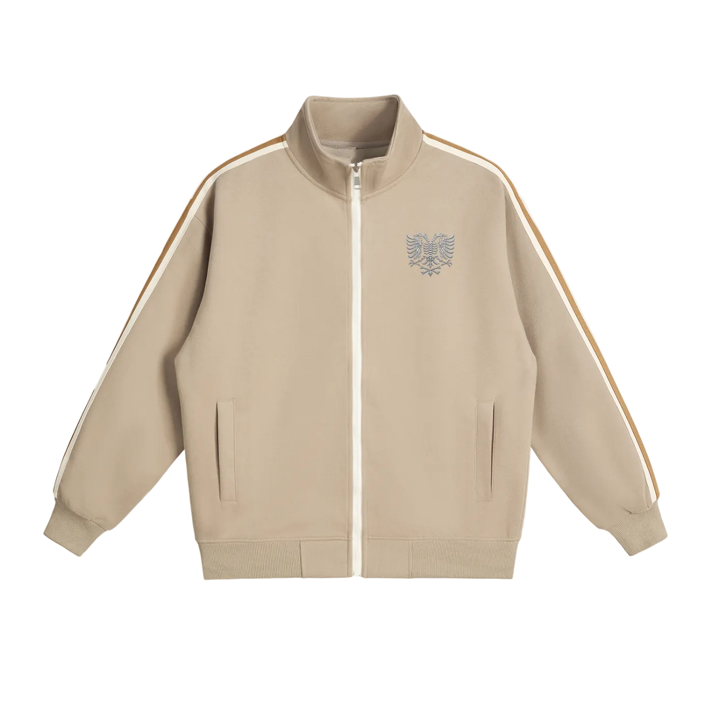 Beige zip-up jacket with eagle emblem and striped sleeves