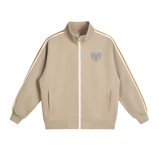 Beige zip-up jacket with eagle emblem and striped sleeves