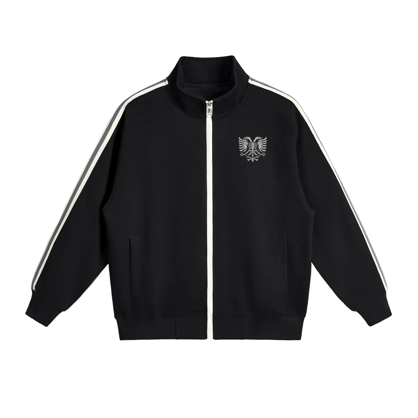 Black zip-up track jacket with white stripe sleeves and eagle emblem, sporty streetwear style