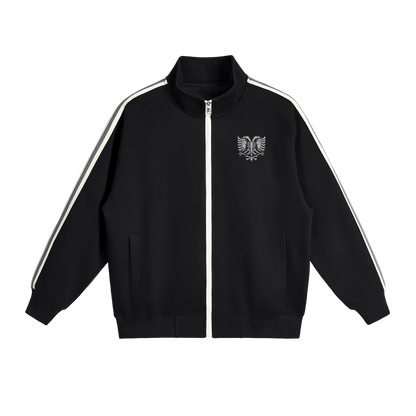 Black zip-up track jacket with white stripe sleeves and eagle emblem, sporty streetwear style