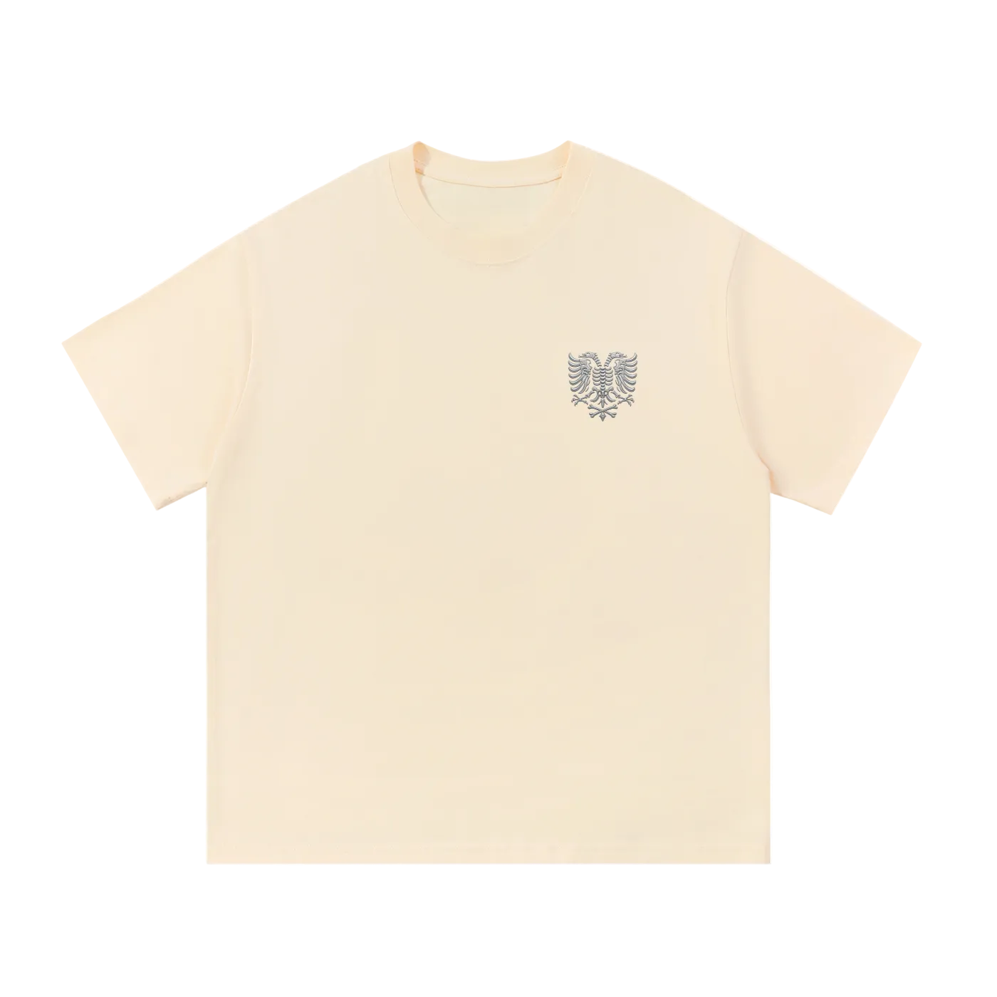 Cream T-shirt with embroidered eagle logo, minimalist streetwear design