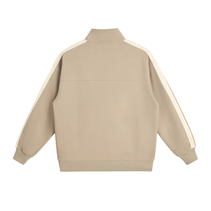 Beige track jacket with white stripes on sleeves and high collar