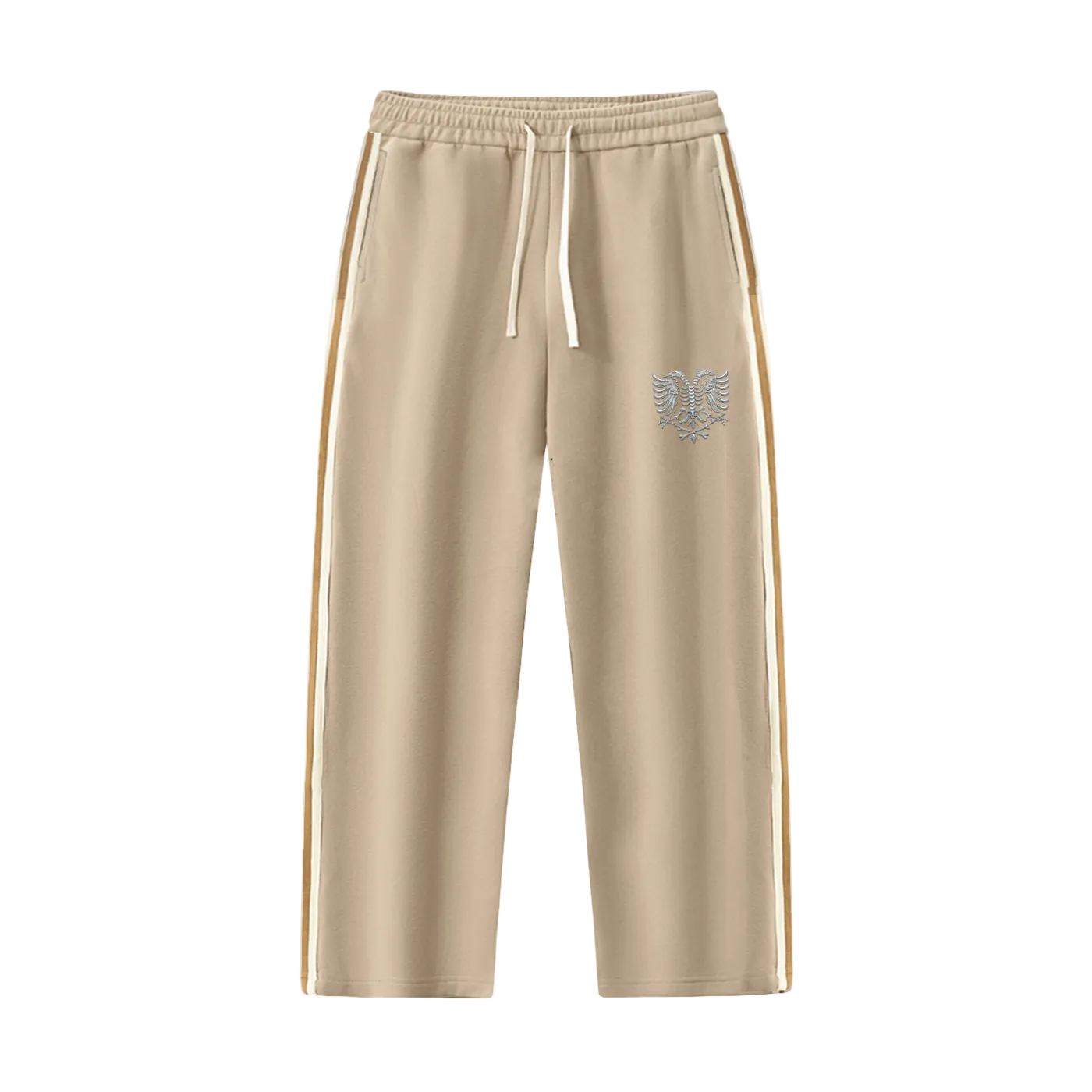 Beige drawstring joggers with side stripes and eagle emblem, relaxed fit athletic pants
