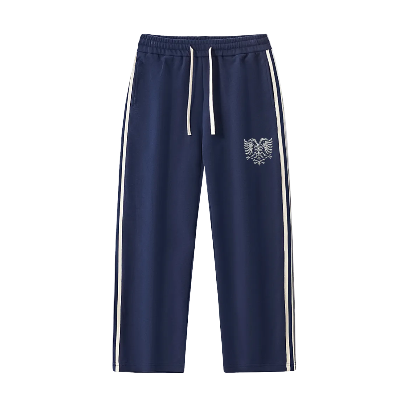 Navy blue joggers with white side stripes and eagle emblem, elastic waist with drawstring