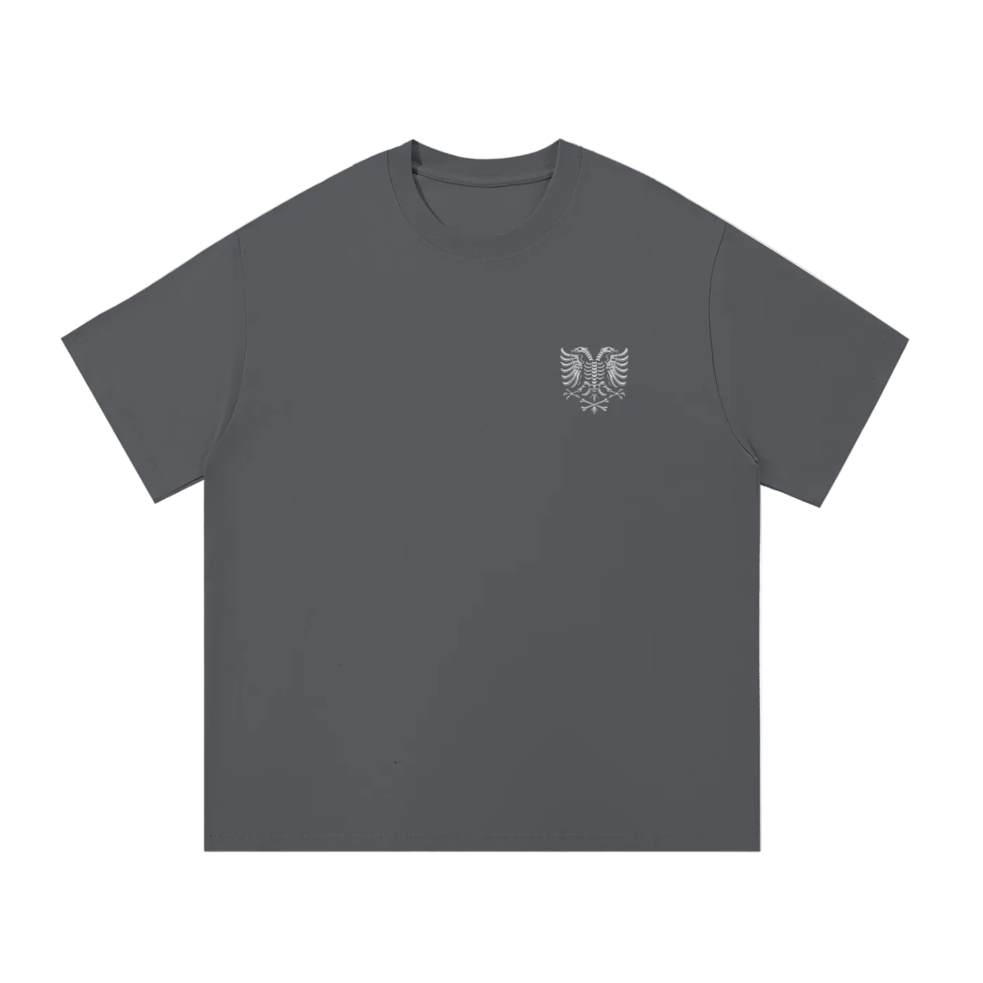 Dark gray t-shirt with small white eagle skeleton graphic on chest, minimalist streetwear design