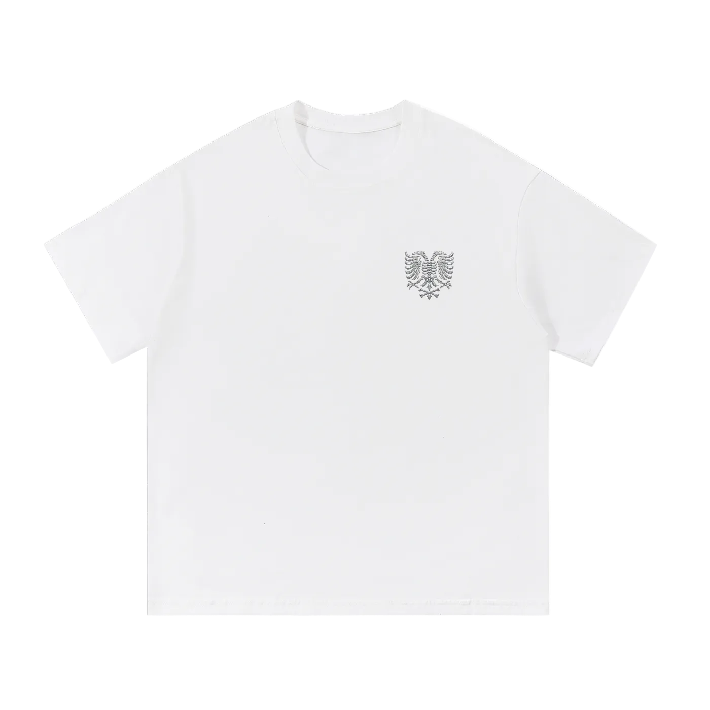 White t-shirt with embroidered eagle logo on chest, minimalist streetwear design