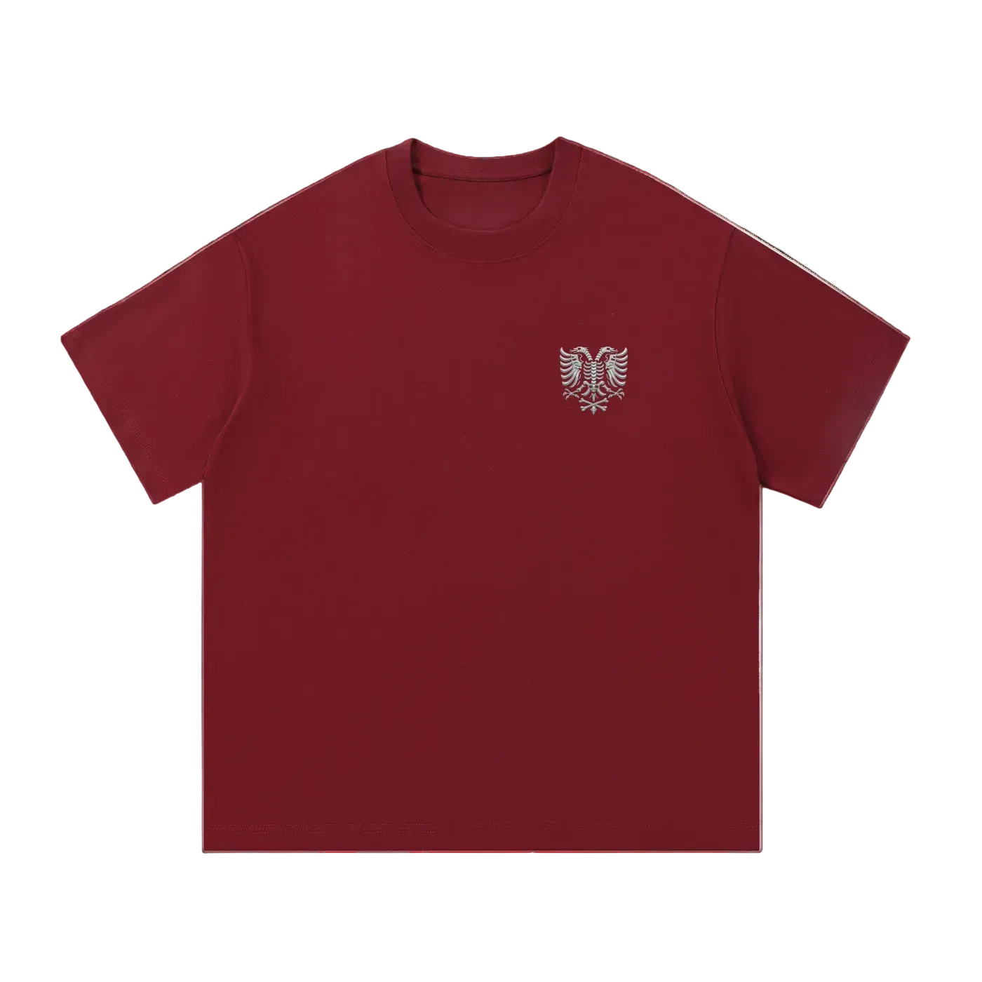 Burgundy T-shirt with embroidered eagle skeleton design on chest, bold streetwear style