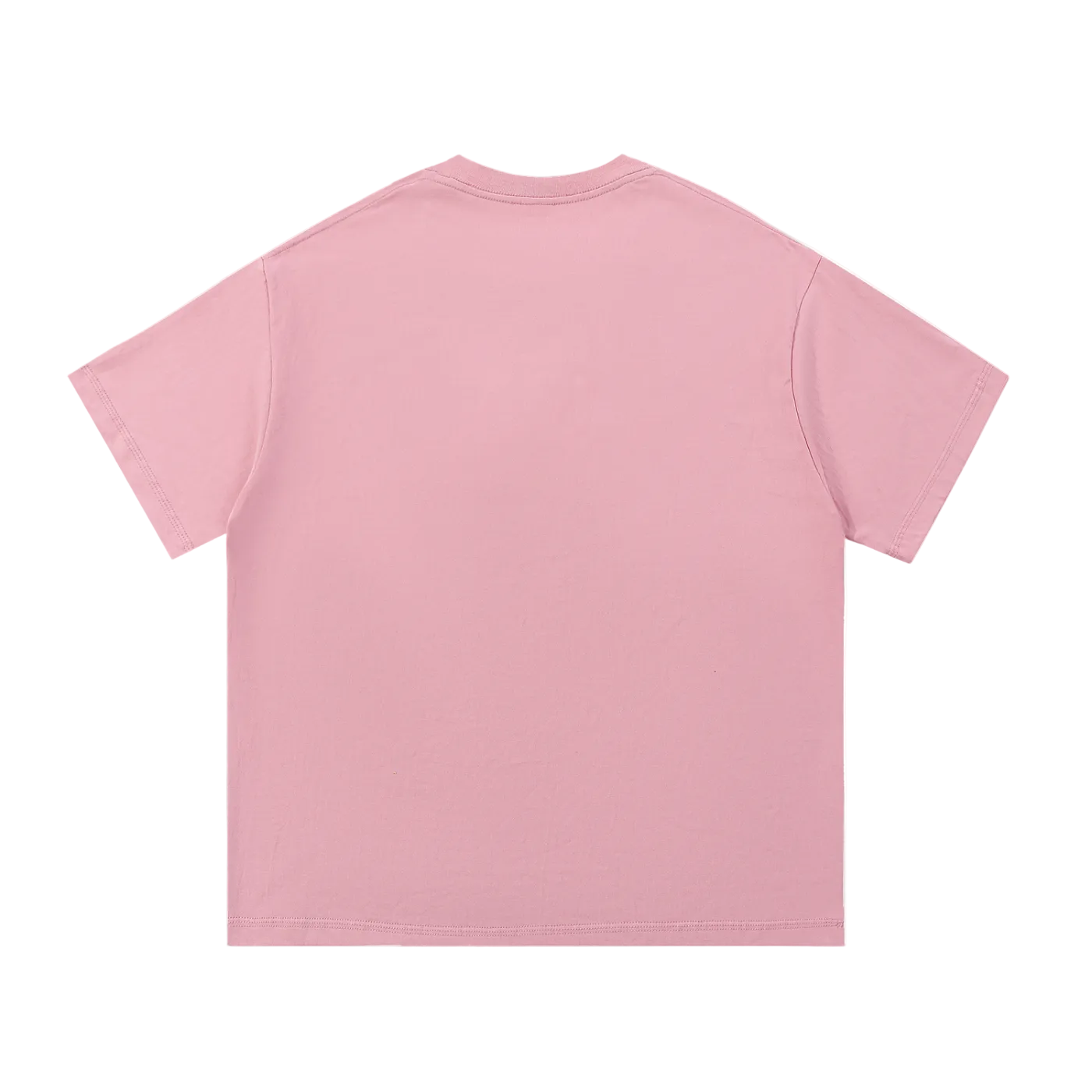 Pink crew neck t-shirt back view, soft cotton material, clean minimalist design for casual wear