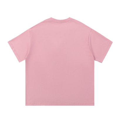 Pink crew neck t-shirt back view, soft cotton material, clean minimalist design for casual wear