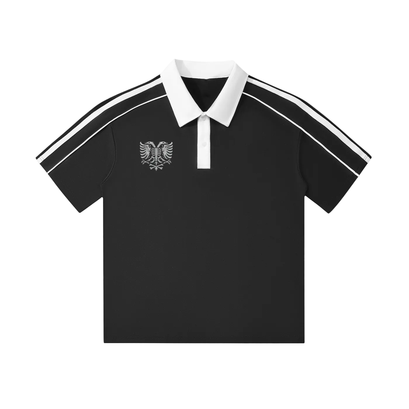 Black polo shirt with white collar, sleeve stripes, and eagle emblem, stylish men's fashion