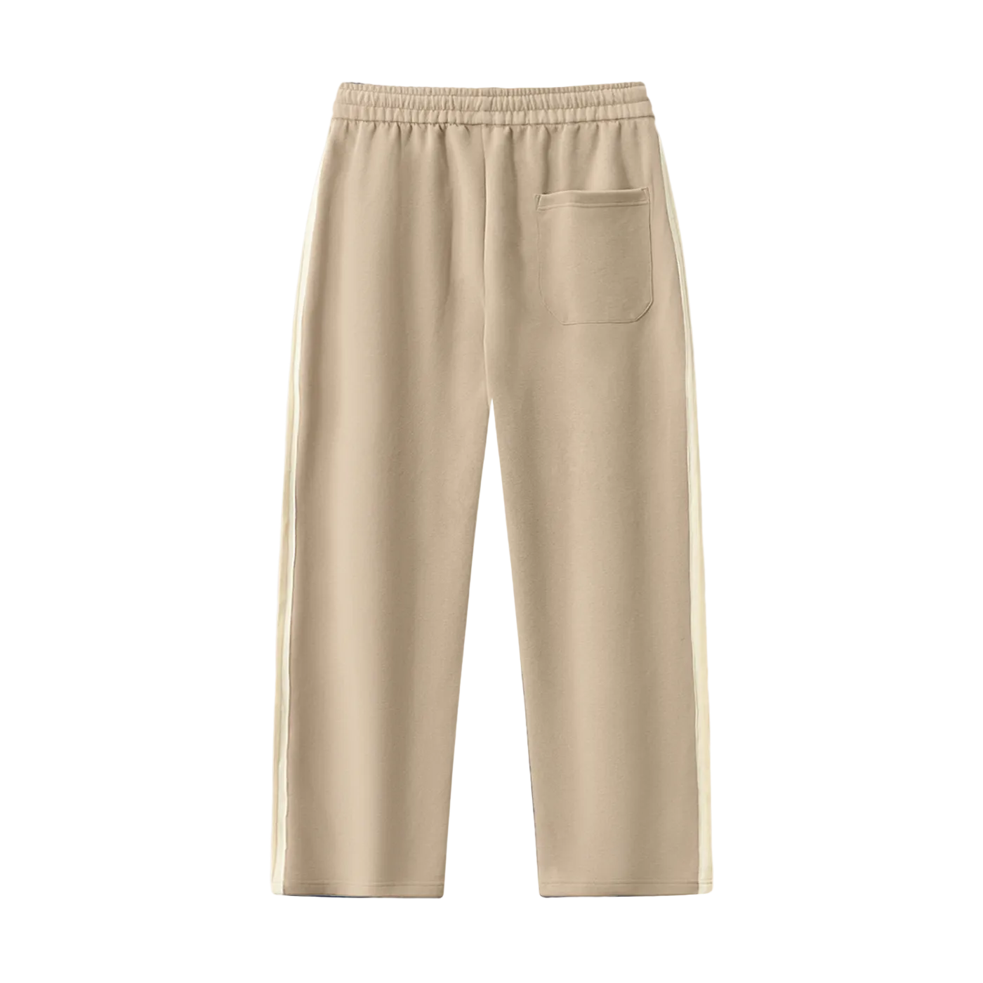 Beige wide-leg sweatpants with side stripes and back pocket, casual comfortable lounge wear