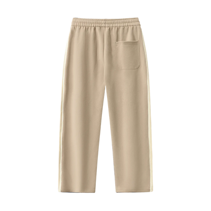 Beige wide-leg sweatpants with side stripes and back pocket, casual comfortable lounge wear