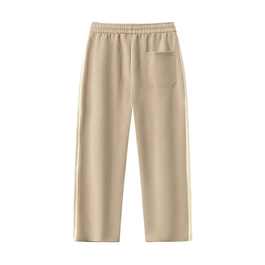 Beige wide-leg sweatpants with side stripes and back pocket, casual comfortable lounge wear