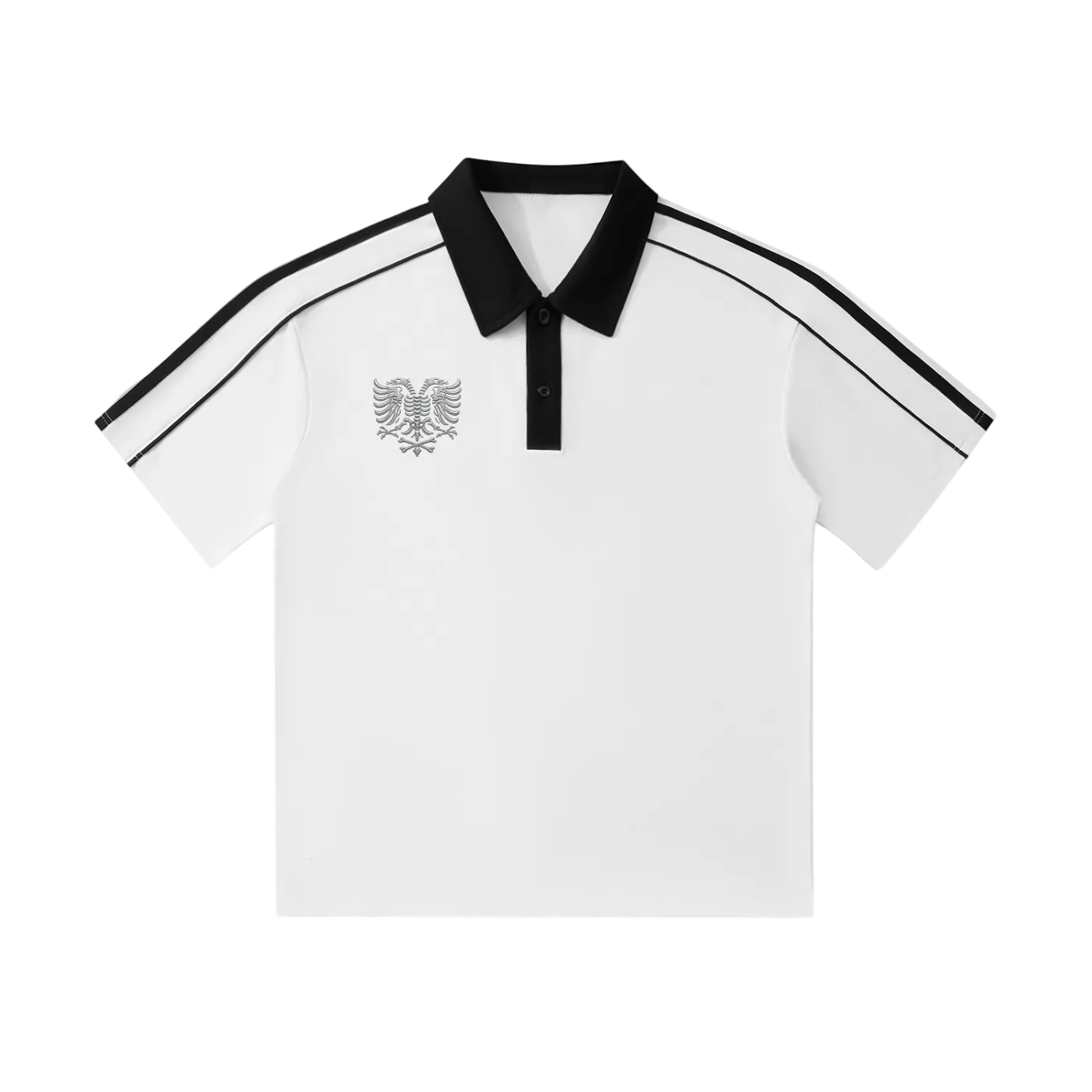 White polo shirt with black collar, striped sleeves, and eagle emblem, stylish men's fashion