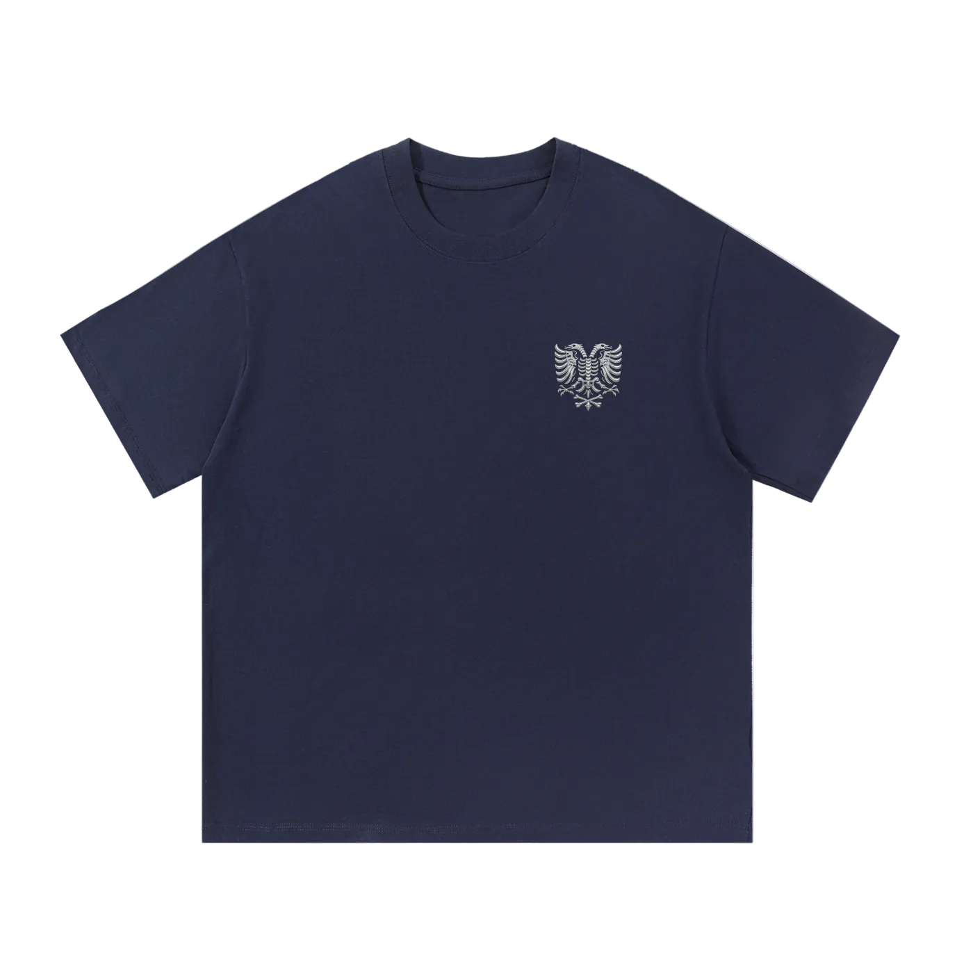 Navy blue t-shirt with embroidered eagle skeleton design on chest
