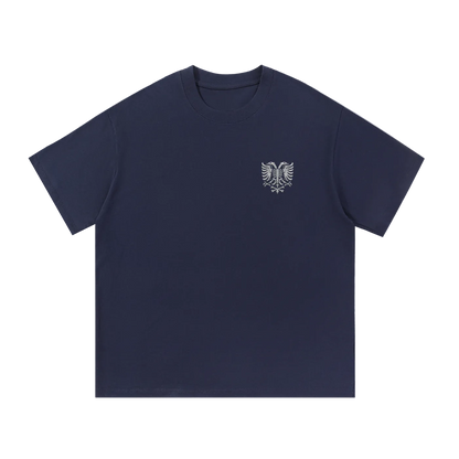 Navy blue t-shirt with embroidered eagle skeleton design on chest