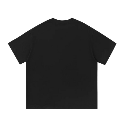 Black oversized t-shirt back view, plain design, casual streetwear style