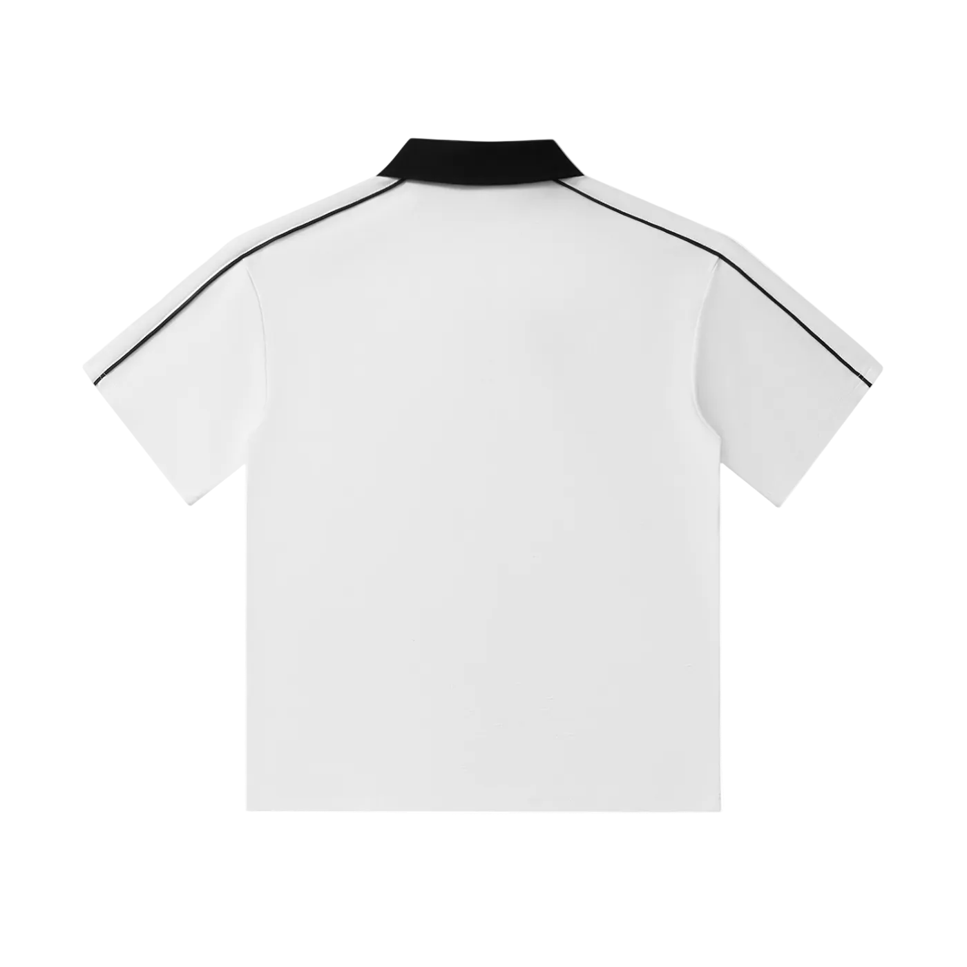 White polo shirt with black collar and shoulder stripes, back view