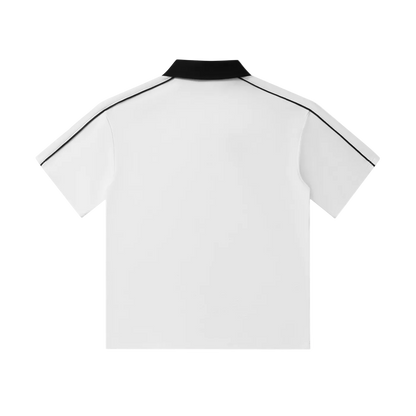 White polo shirt with black collar and shoulder stripes, back view