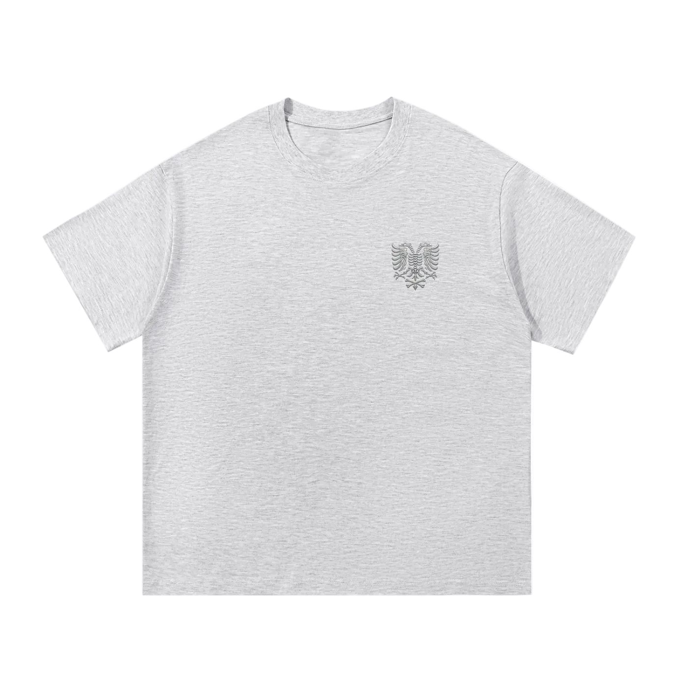 Gray t-shirt with embroidered eagle logo on chest, minimalist streetwear design