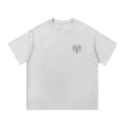 Gray t-shirt with embroidered eagle logo on chest, minimalist streetwear design