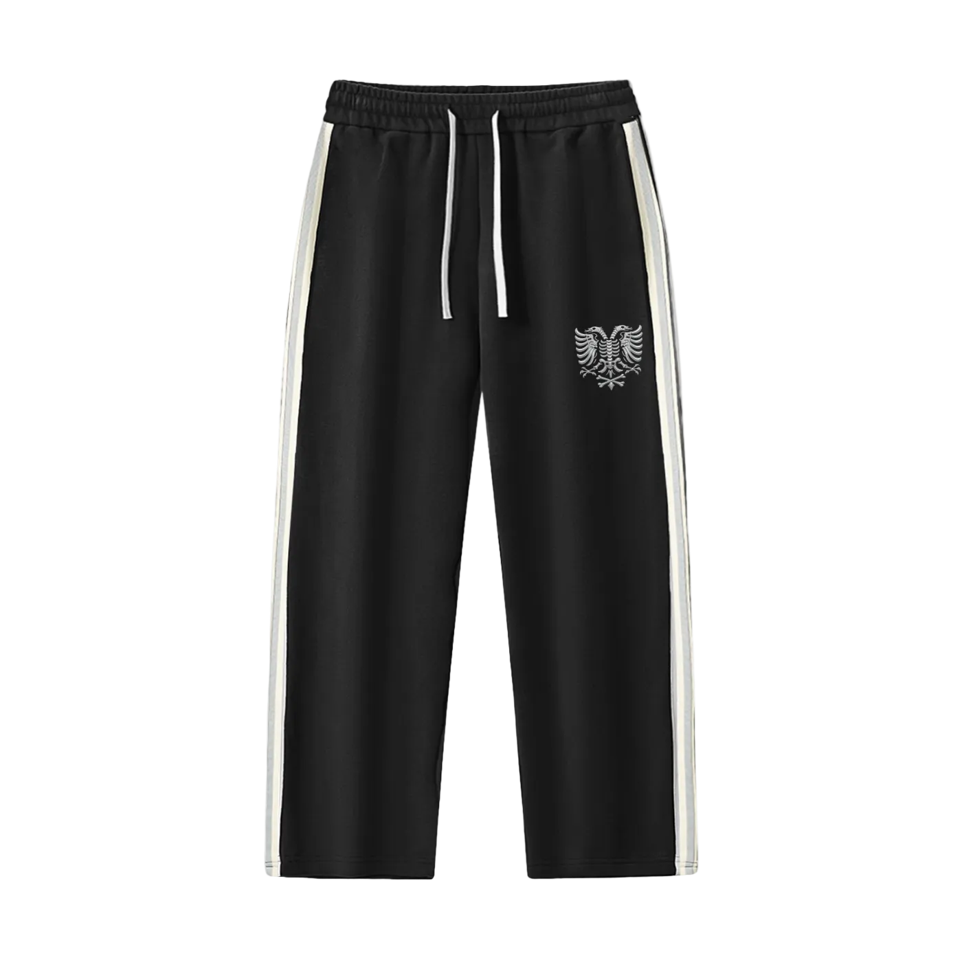 Black joggers with white side stripes and eagle emblem, casual athletic wear