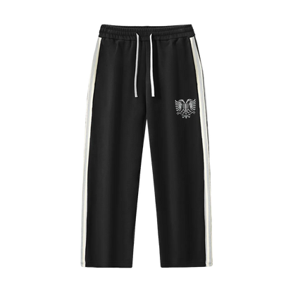 Black joggers with white side stripes and eagle emblem, casual athletic wear