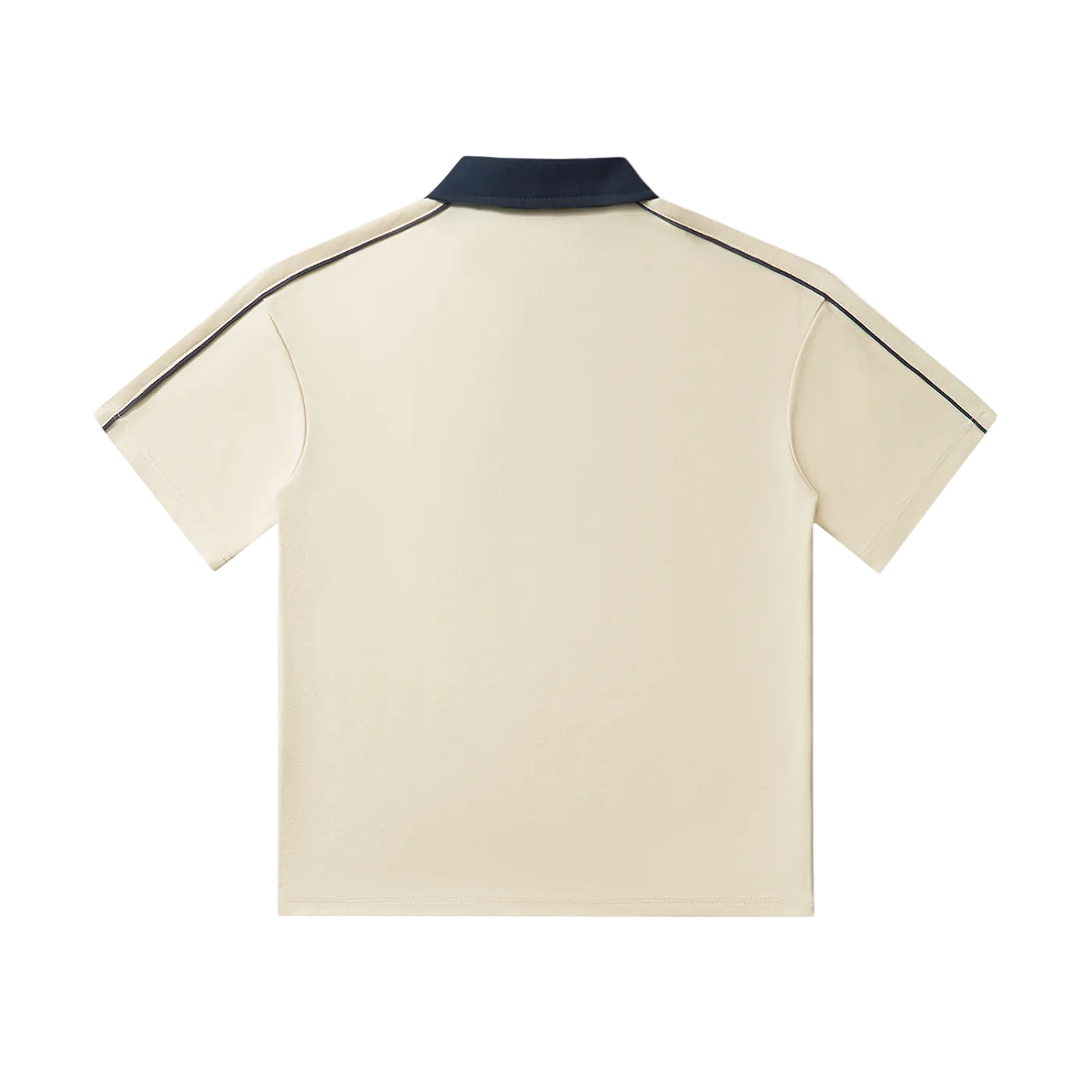 Beige polo shirt with navy collar and shoulder stripes, back view