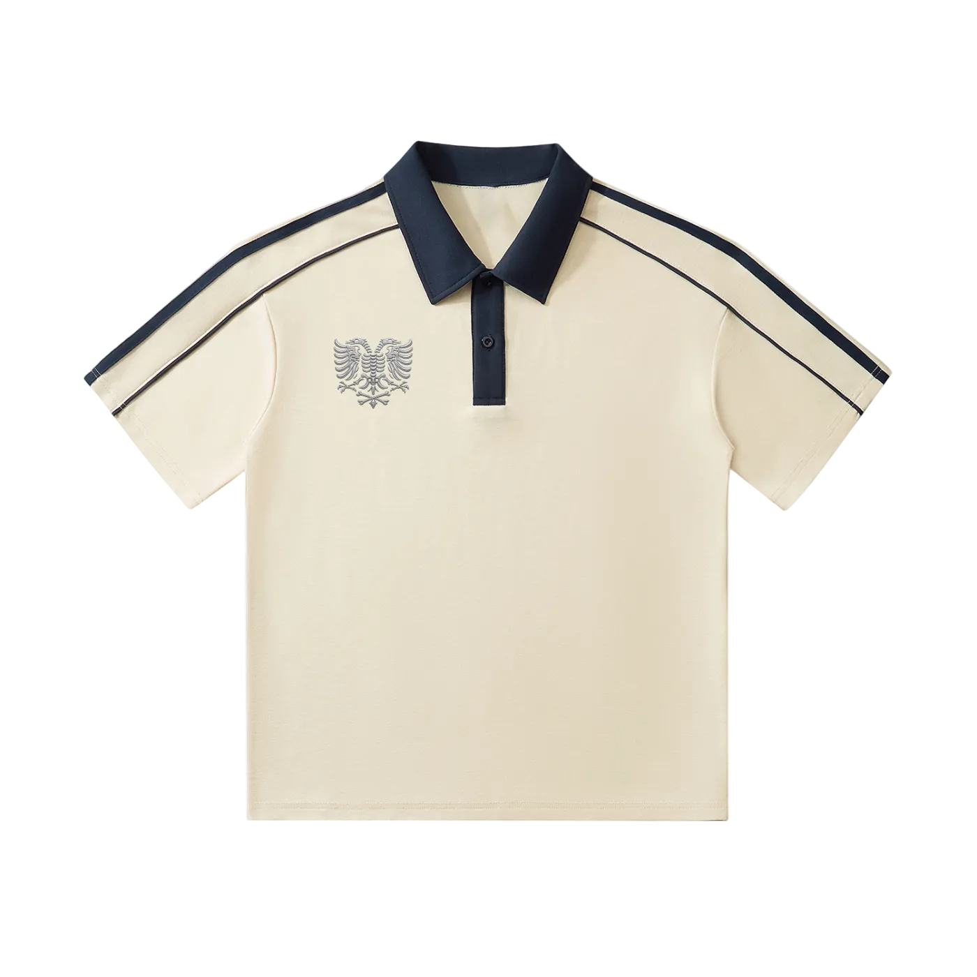 Cream polo shirt with navy collar, sleeve stripes, and eagle emblem embroidery