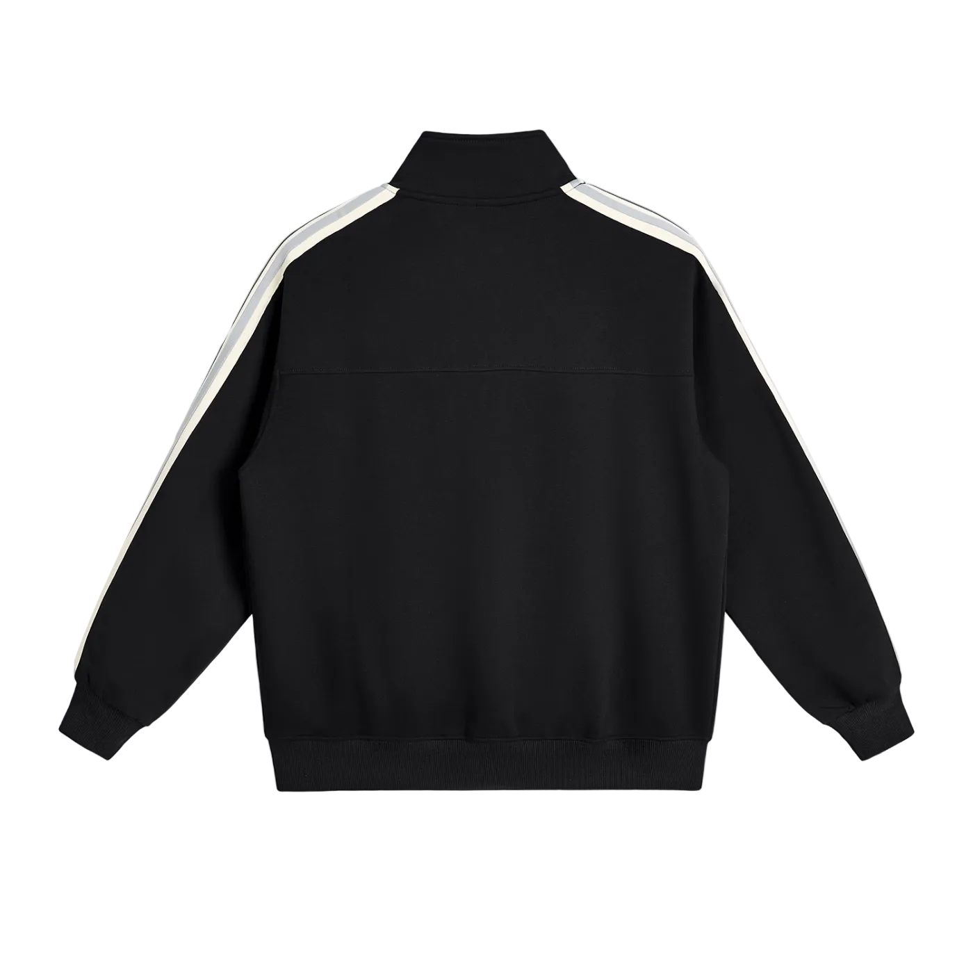 Black track jacket with white shoulder stripes, back view