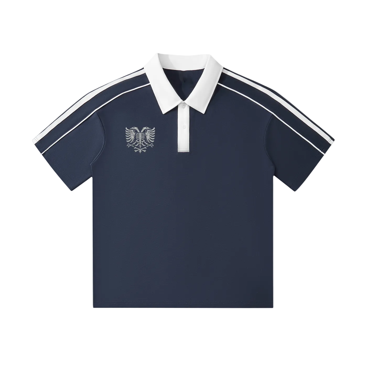 Navy polo shirt with white collar, sleeve stripes, and eagle emblem, ideal for casual or sporty wear.