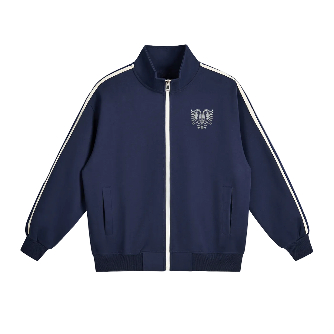 Navy blue zip-up jacket with white stripes and eagle emblem, stylish sportswear design