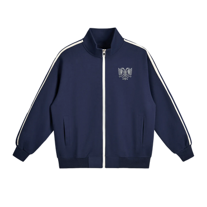 Navy blue zip-up jacket with white stripes and eagle emblem, stylish sportswear design