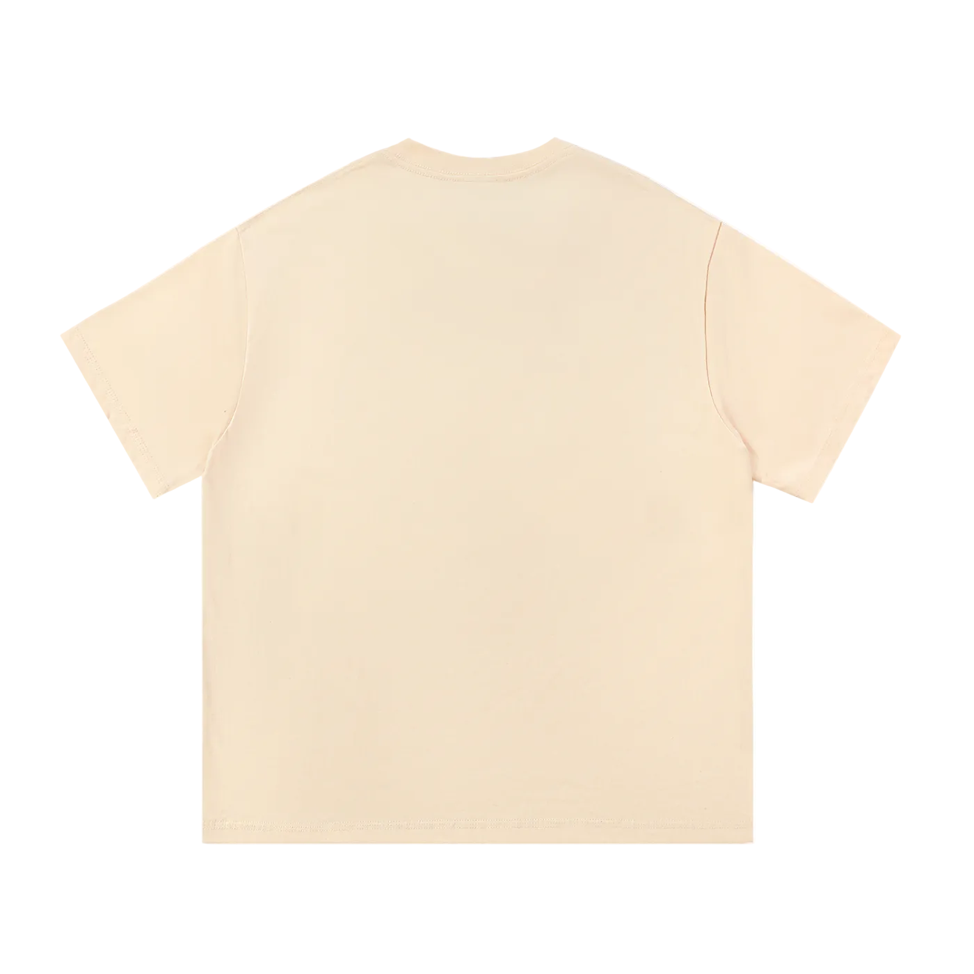 Beige crew neck t-shirt back view, plain design, short sleeves, casual fit