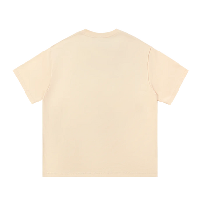 Beige crew neck t-shirt back view, plain design, short sleeves, casual fit