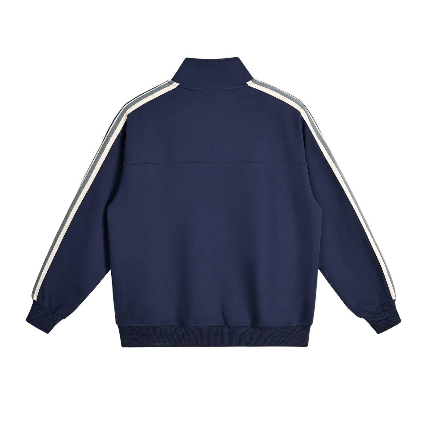 Navy blue track jacket with white and gray stripes on sleeves, back view