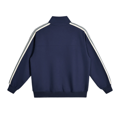 Navy blue track jacket with white and gray stripes on sleeves, back view