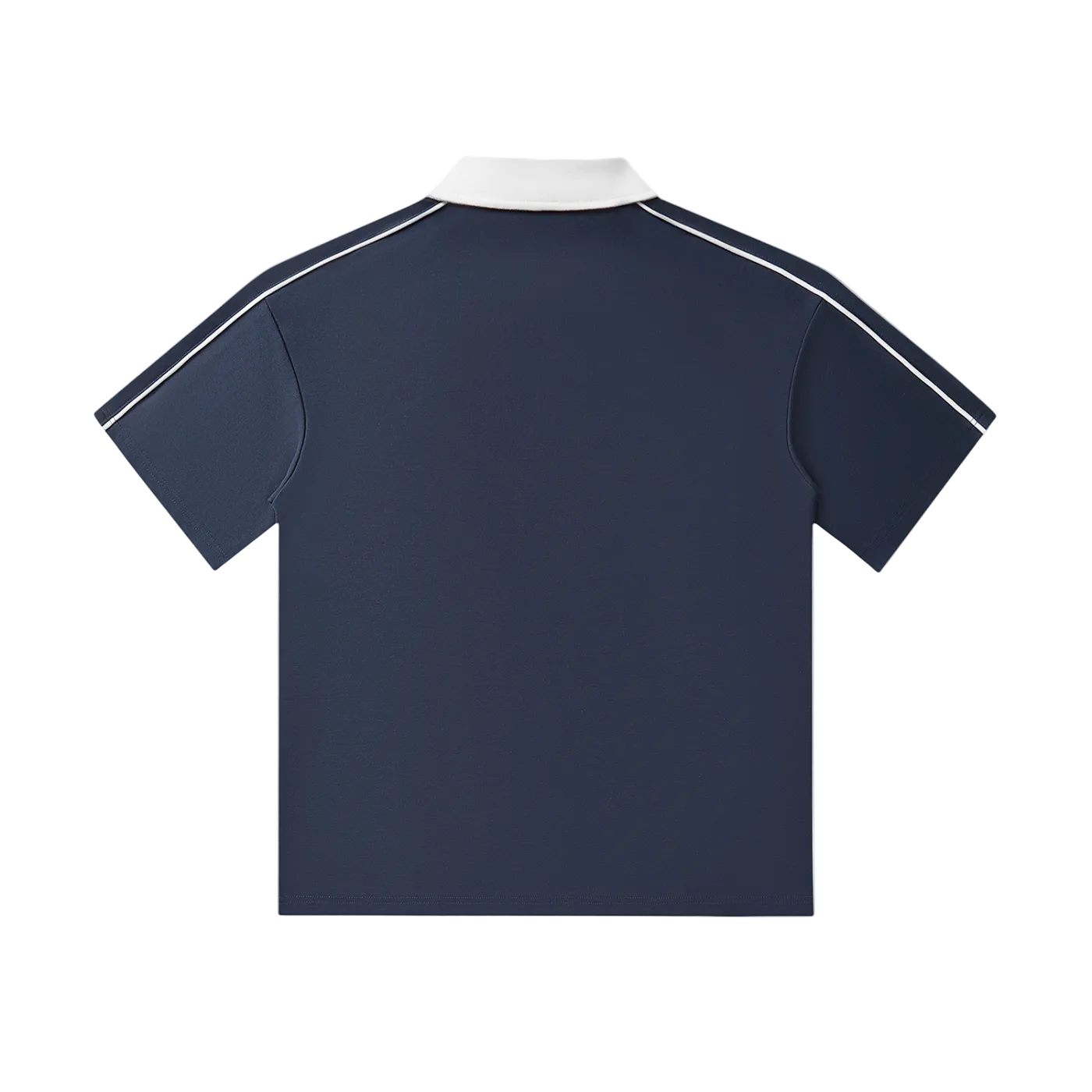 Navy blue polo shirt with white collar and shoulder stripes, back view