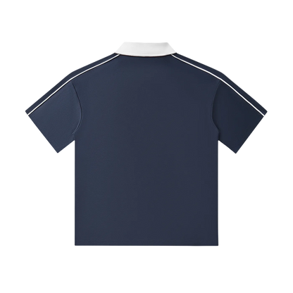 Navy blue polo shirt with white collar and shoulder stripes, back view