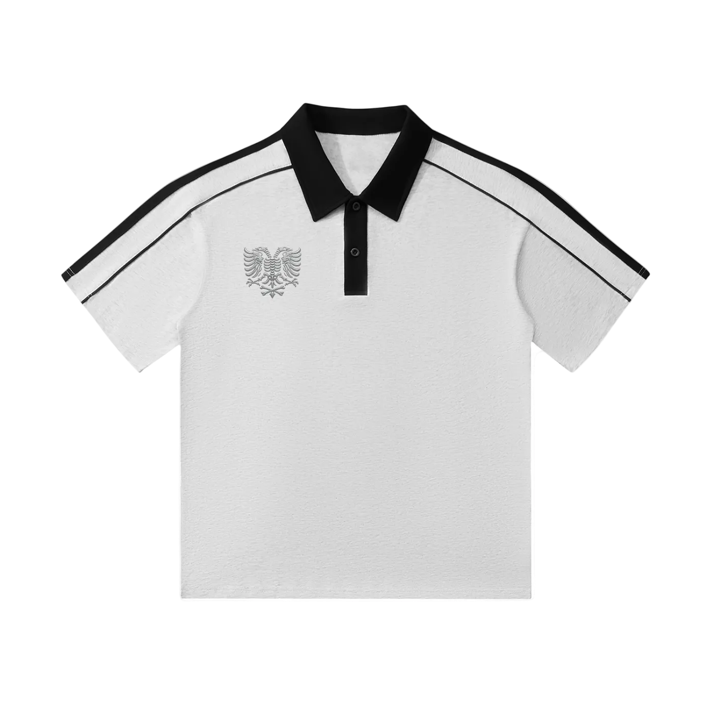 White polo shirt with black collar, sleeve stripes, and eagle emblem, stylish men's casual wear