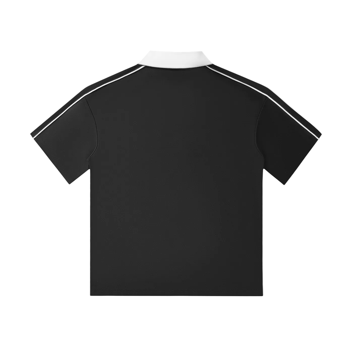 Black polo shirt with white collar and shoulder stripes, back view