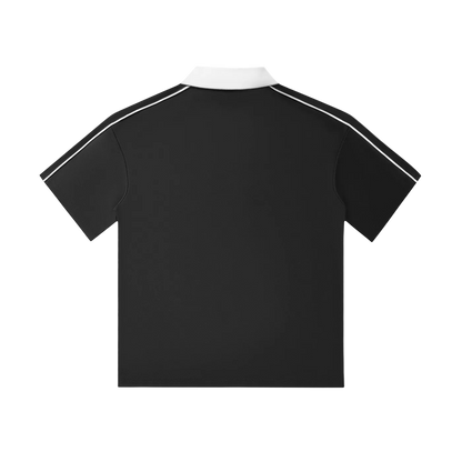 Black polo shirt with white collar and shoulder stripes, back view
