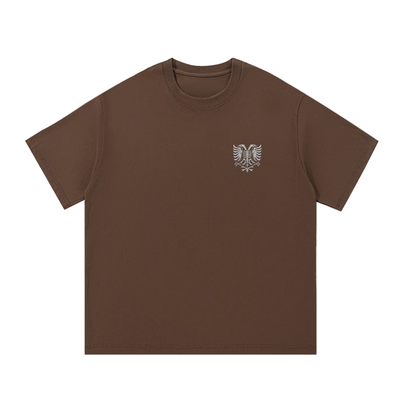 Brown t-shirt with eagle skeleton graphic, streetwear style, bold chest print