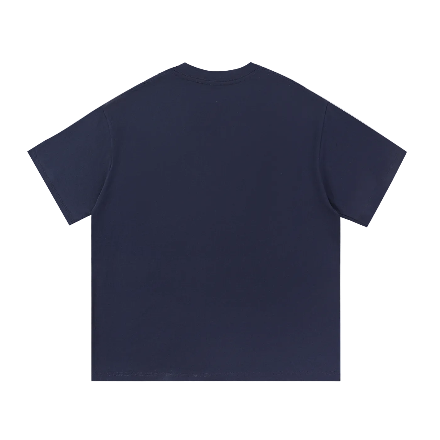 Navy blue plain t-shirt back view, solid color, short sleeve, crew neck, minimalist design