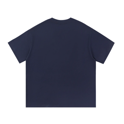 Navy blue plain t-shirt back view, solid color, short sleeve, crew neck, minimalist design